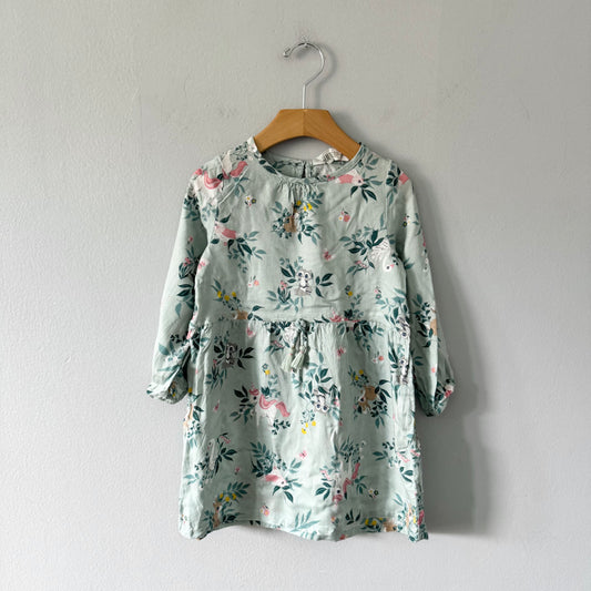 H&M / Long sleeve modal dress - Sage green, unicorn, animals / 3-4Y