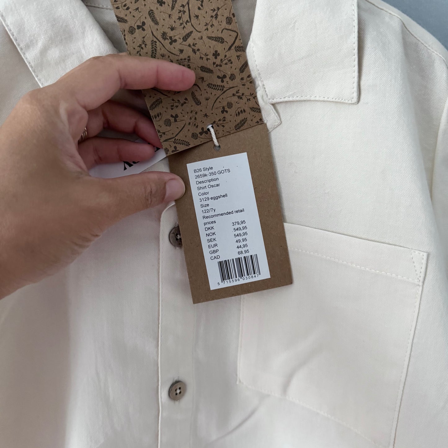Wheat / White organic cotton shirt / 7Y - New with tag
