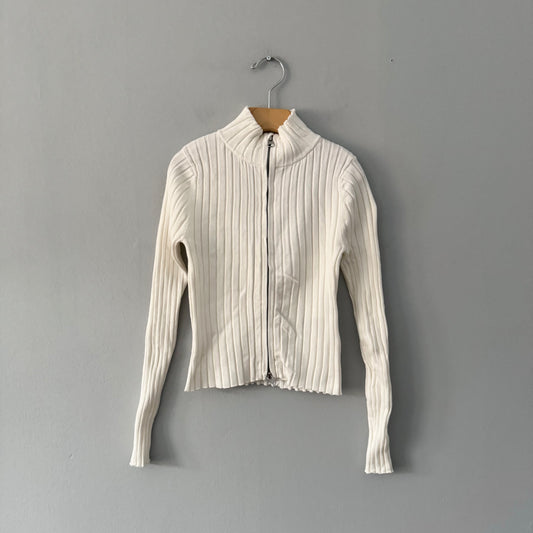 H&M / White ribbed knit zip up / 8-10Y