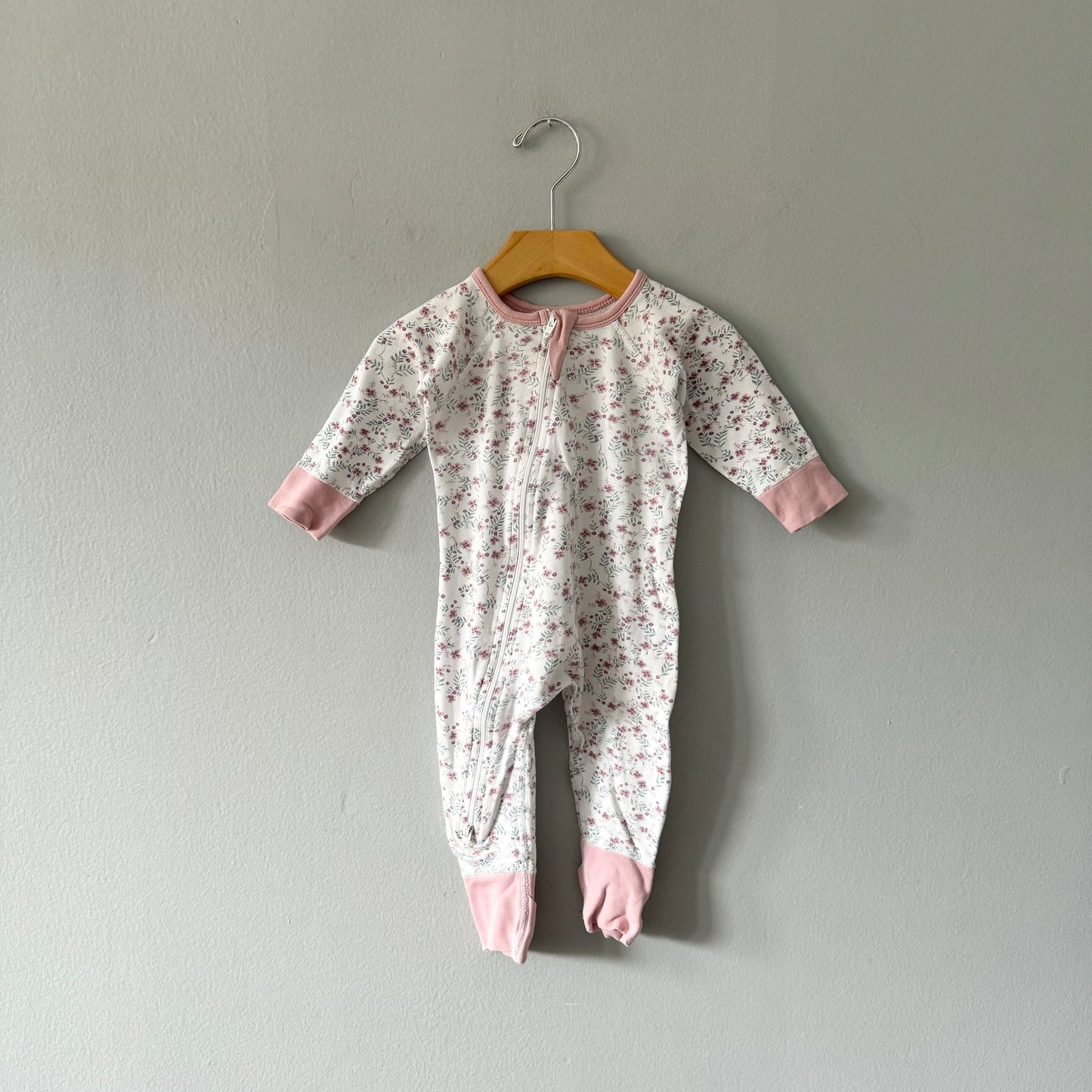 Sapling / White x pink long sleeve romper / 3-6M