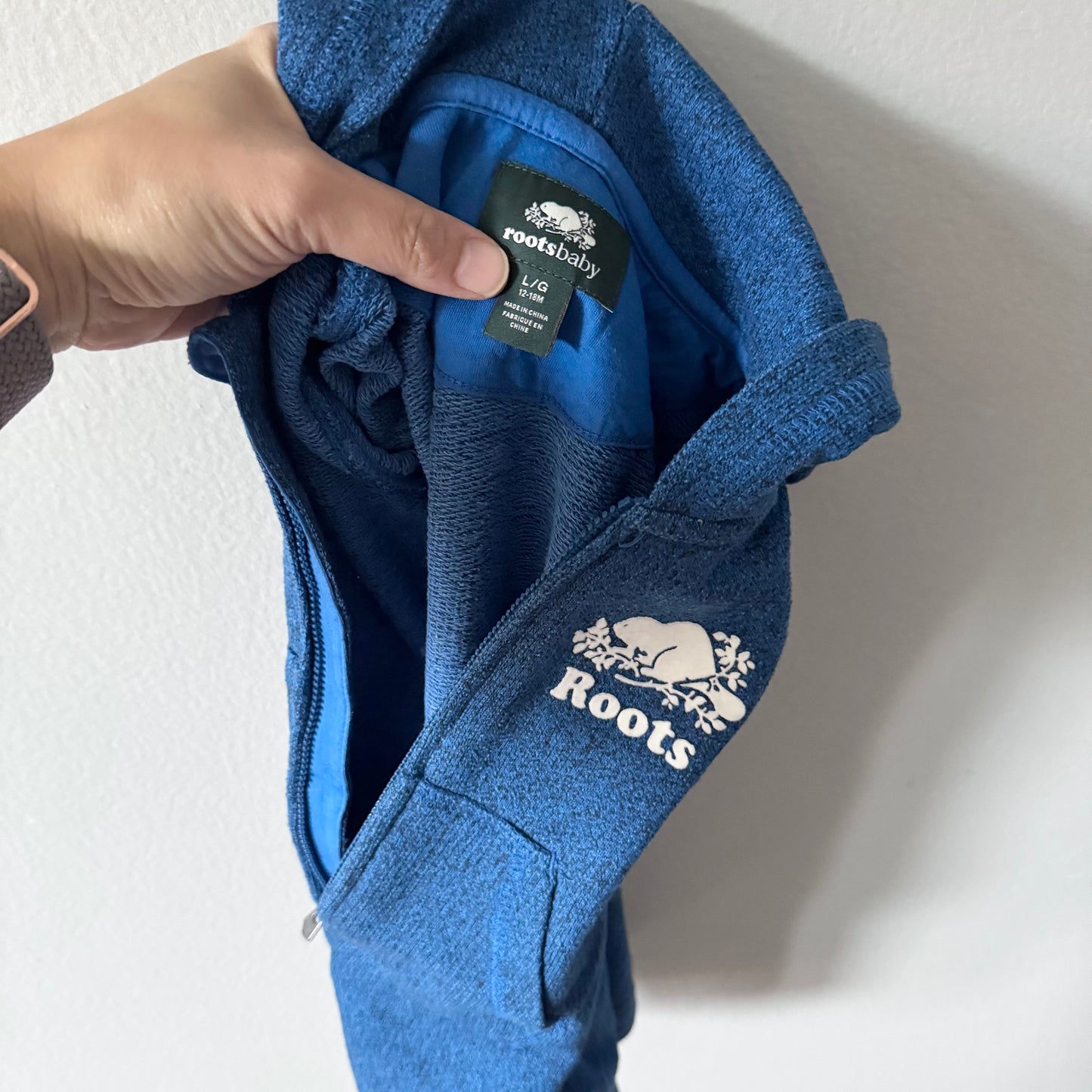 Roots / Blue salt and pepper crew romper / 12-18M