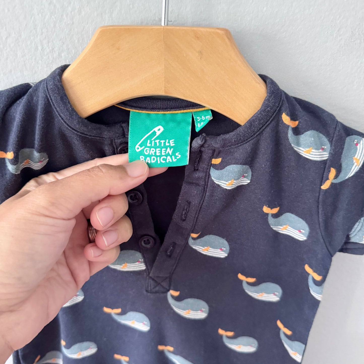 Little Green Radicals / Whale short sleeve romper / 3-6M