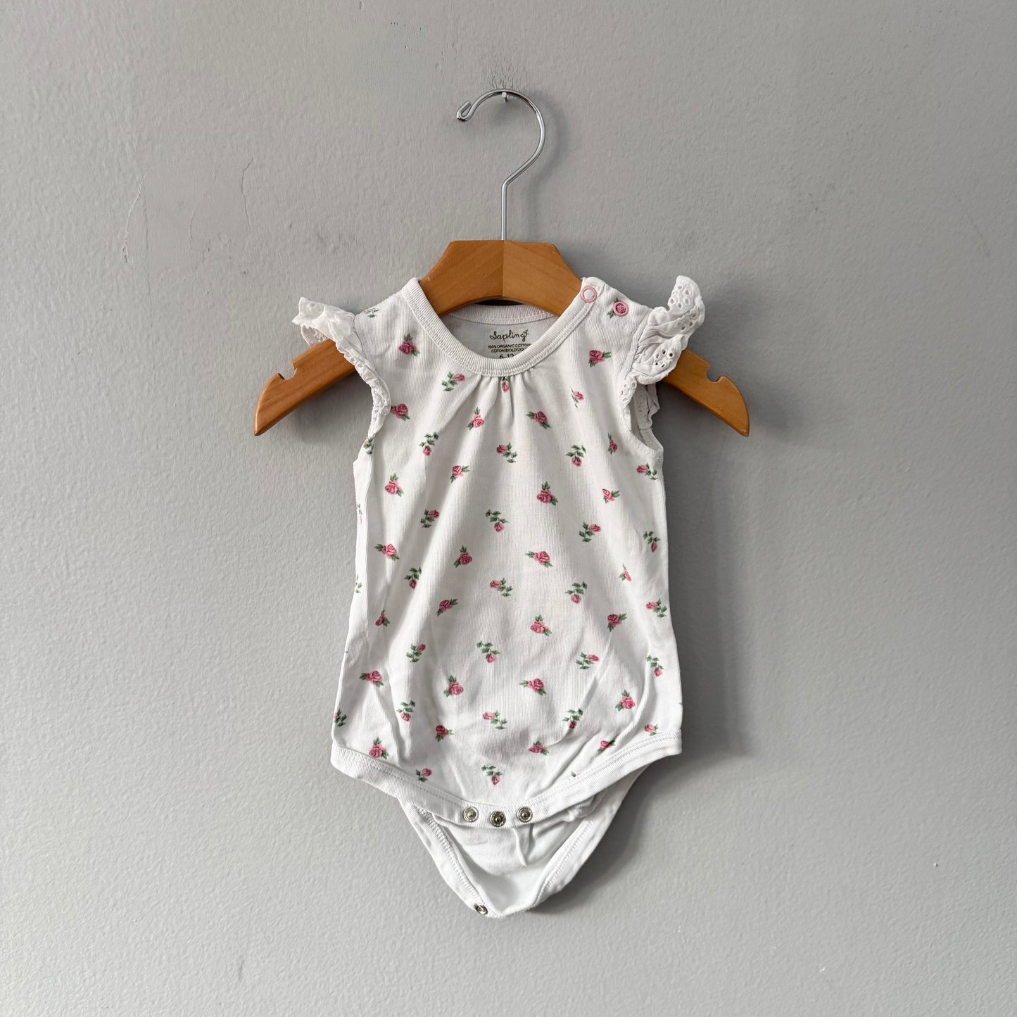 Sapling / White x pink flower tank onesie / 6-12M