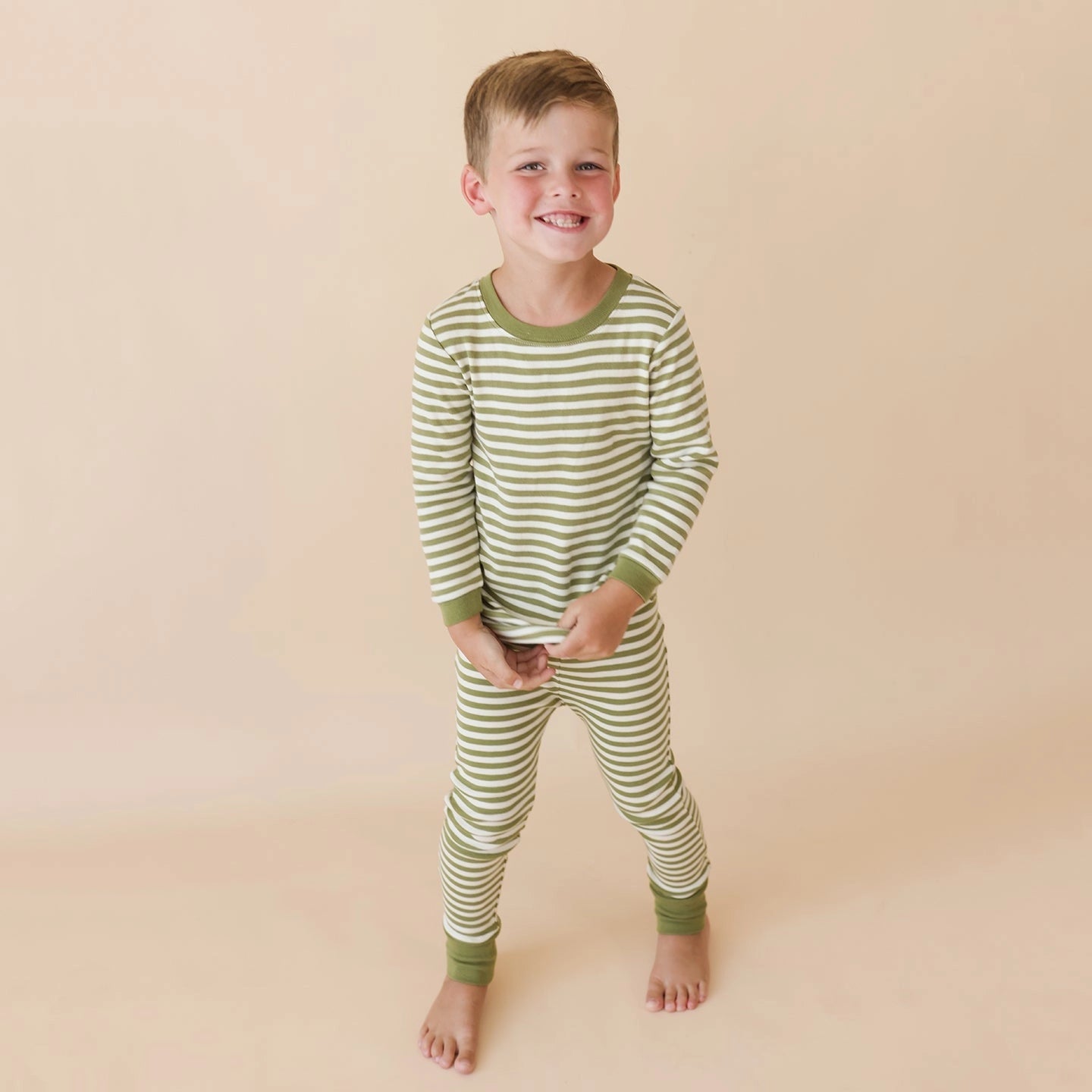 Parade Organics / "My Jammies" Organic Striped Kids' Pajamas 5/6 Years, Olive
