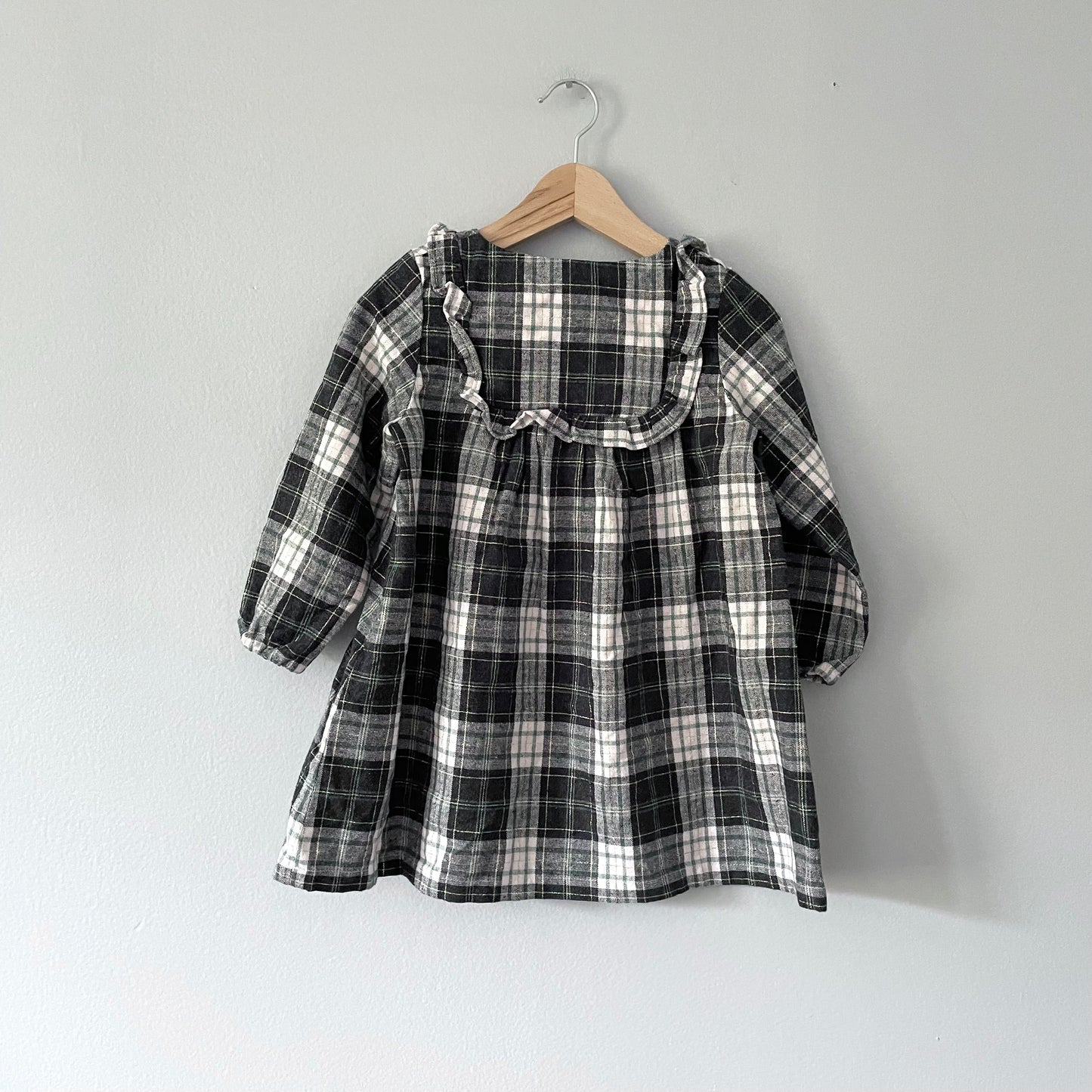 Bonton / Black x white checked ruffle dress / 3Y