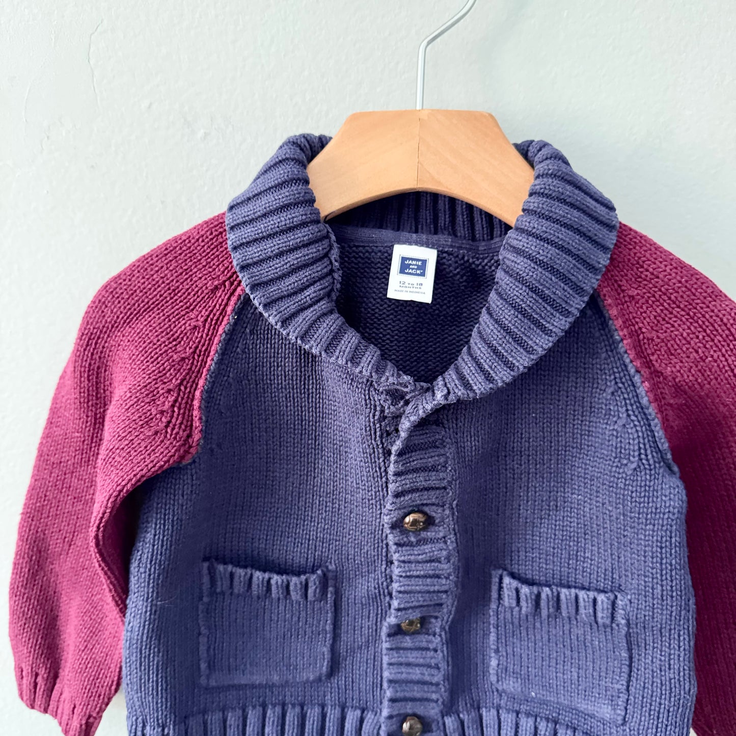 Janie & Jack / Navy x burgundy cotton knit cardigan / 12-18M
