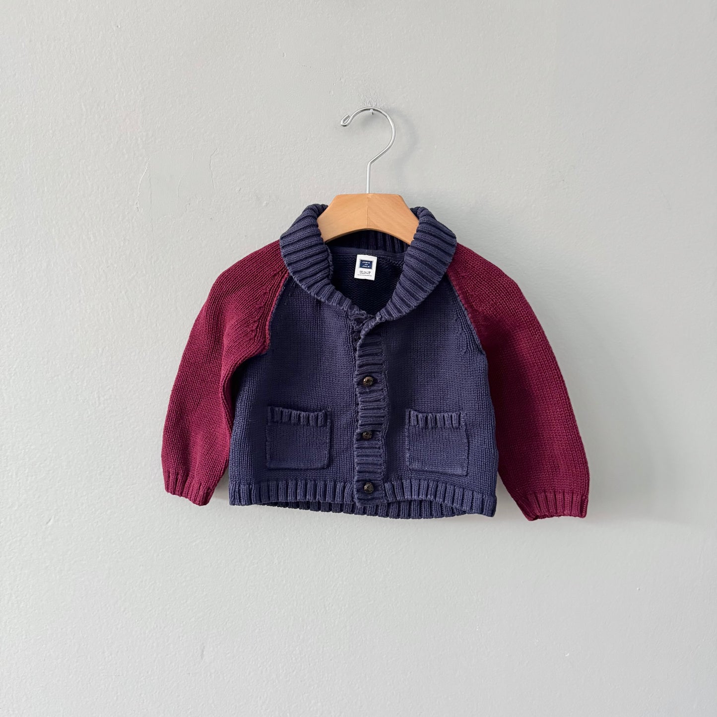 Janie & Jack / Navy x burgundy cotton knit cardigan / 12-18M