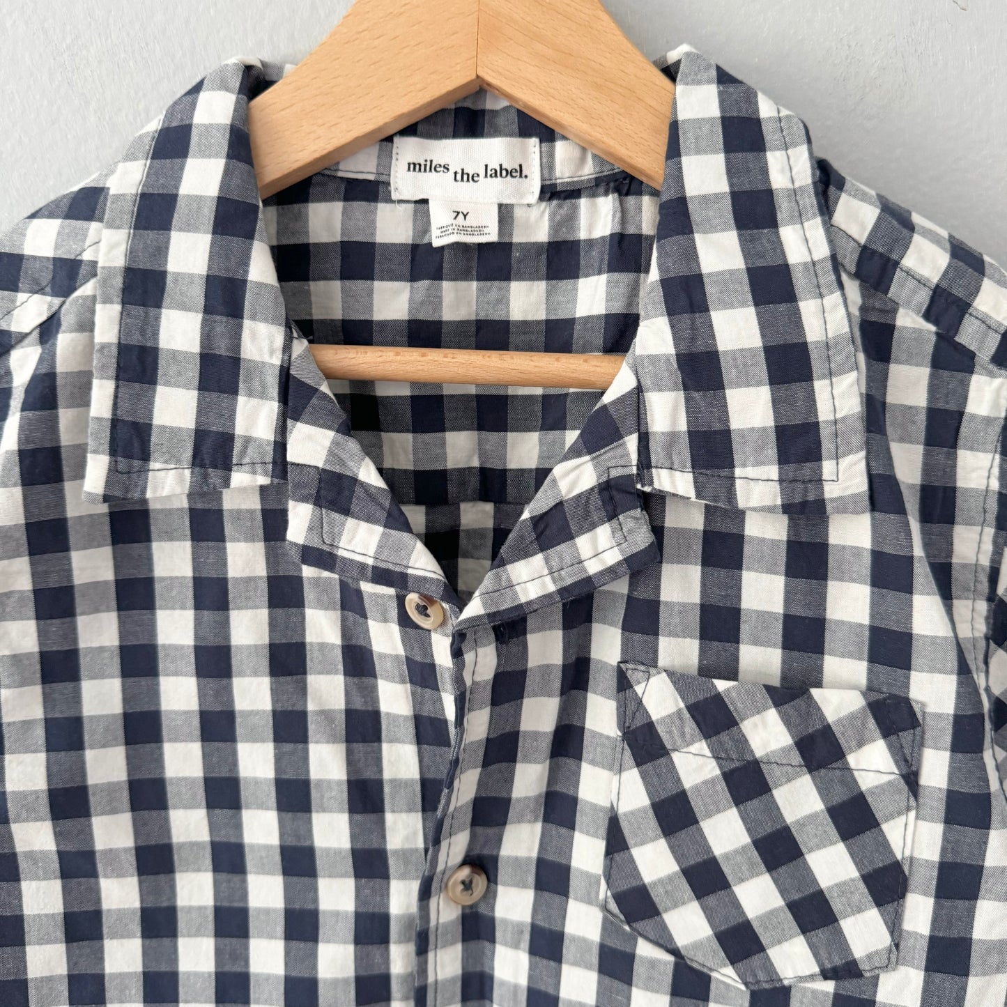 Miles the label / White x navy gingham shirt / 7Y