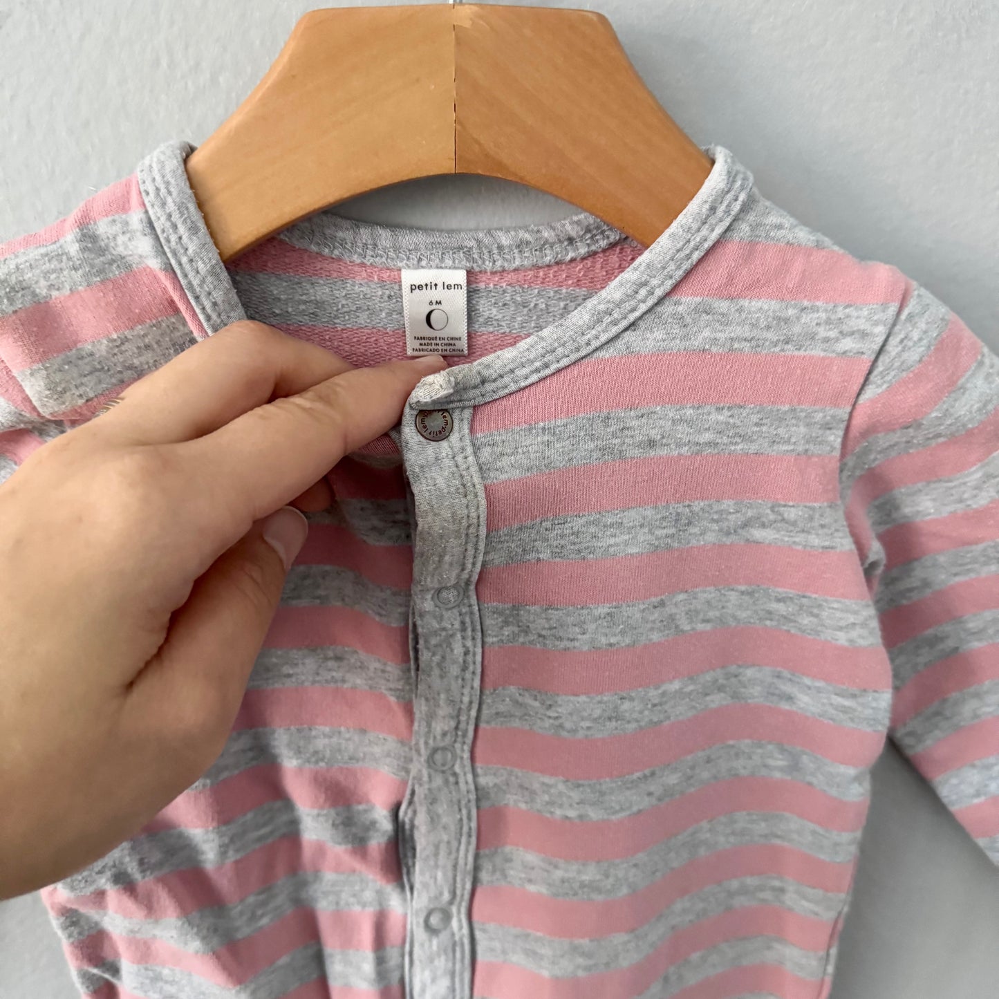 Petit lem / Pink x light grey stripe romper / 6M