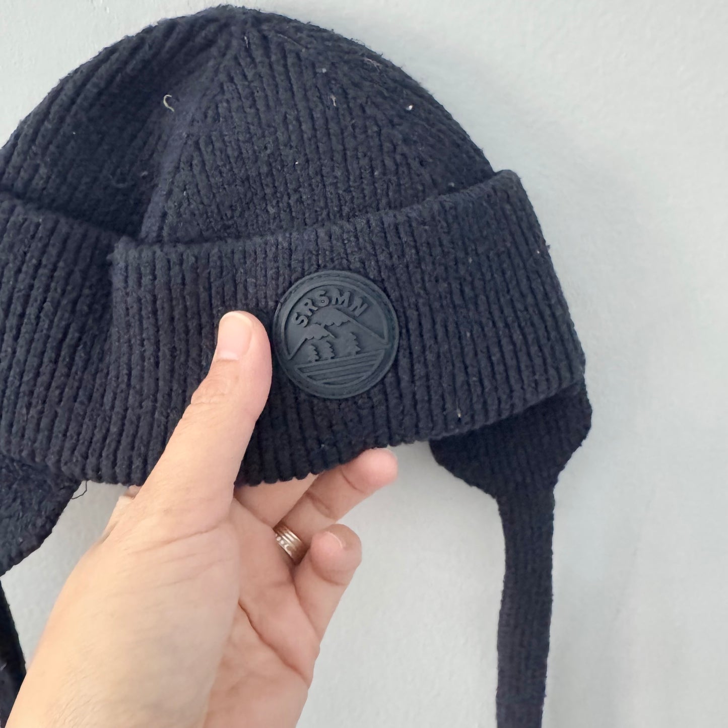 Souris Mini / Black ear flap knit hat / 12M