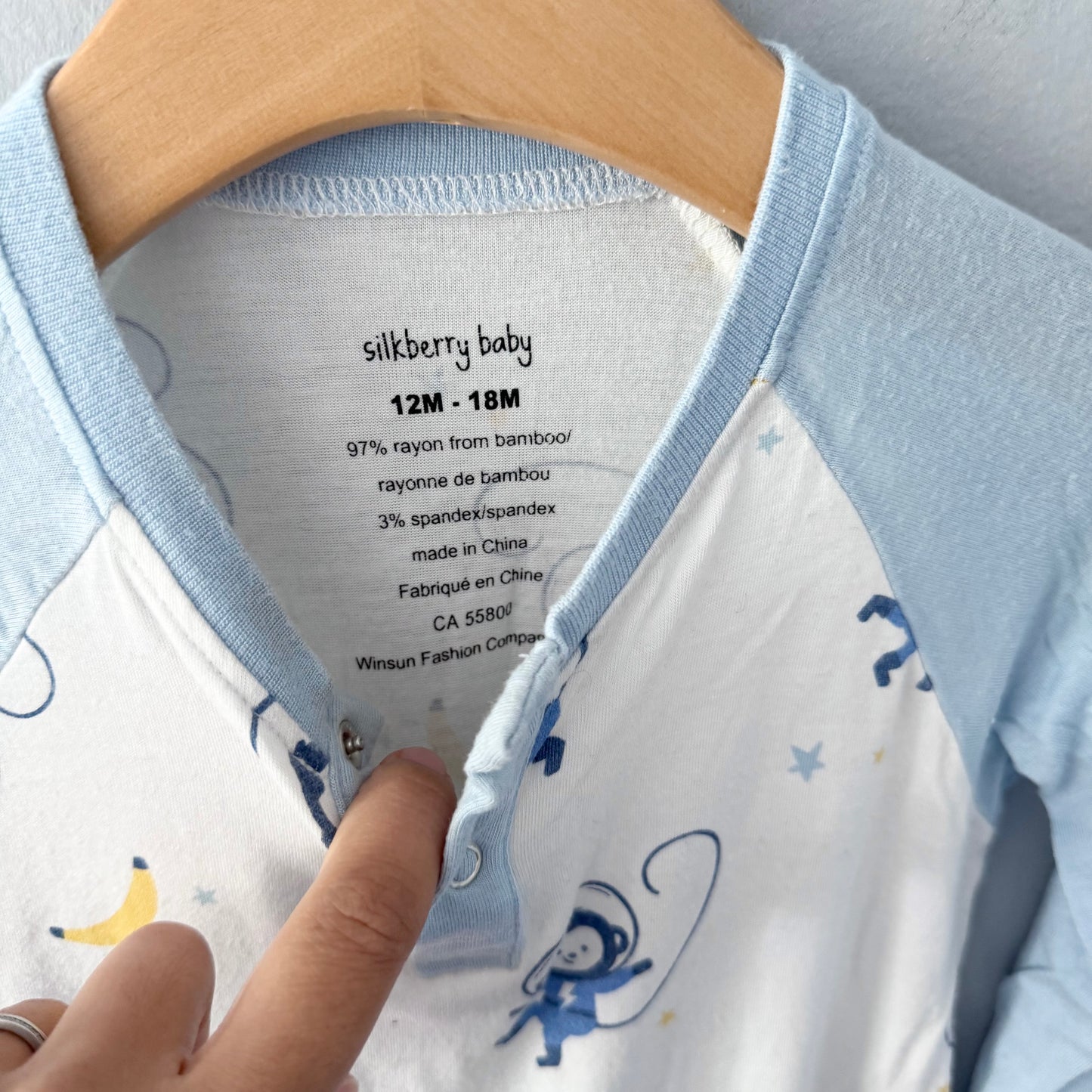 Silkberry baby / White blue monkey romper / 12-18M