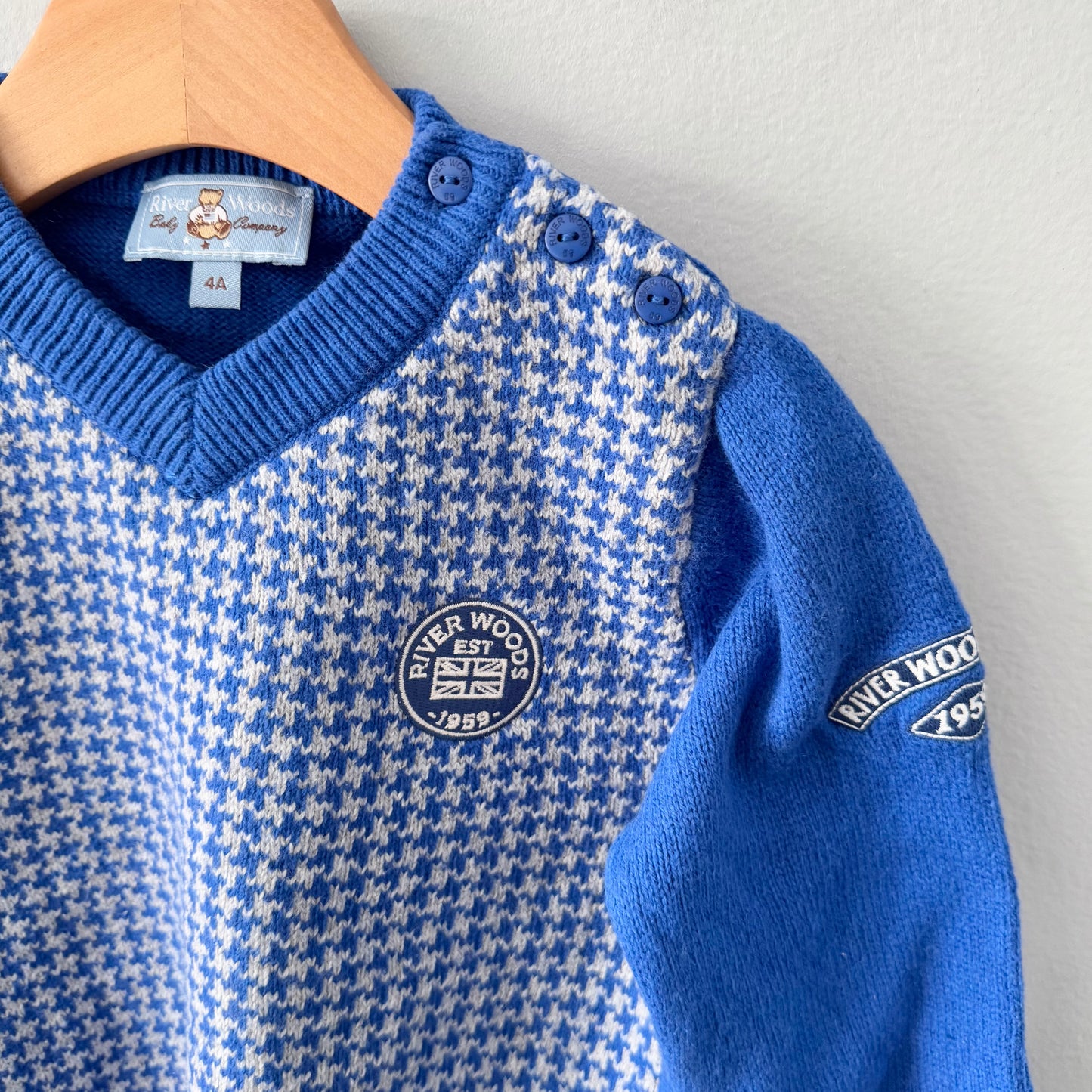 River Woods / Blue x light grey knit pullover / 4Y