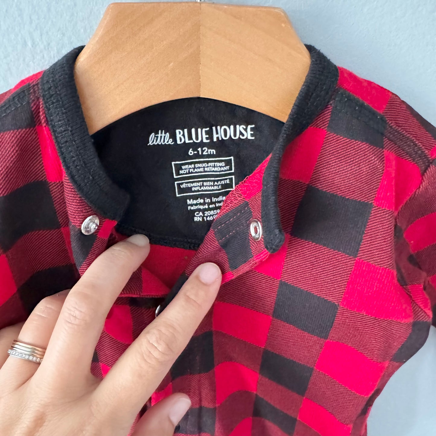Little Blue House / Red x black plaid romper / 6-12M
