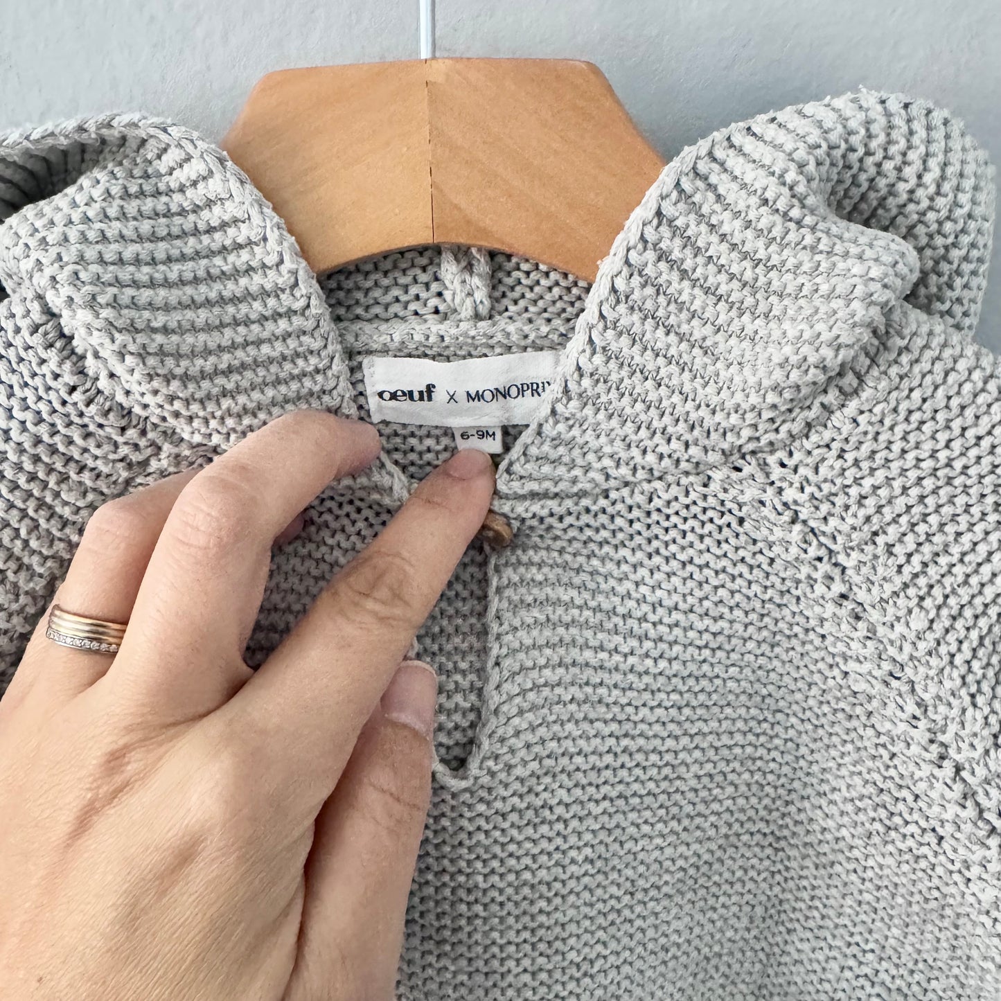 Oeuf x Monoprix / Light grey cotton knit hoodie / 6-9M