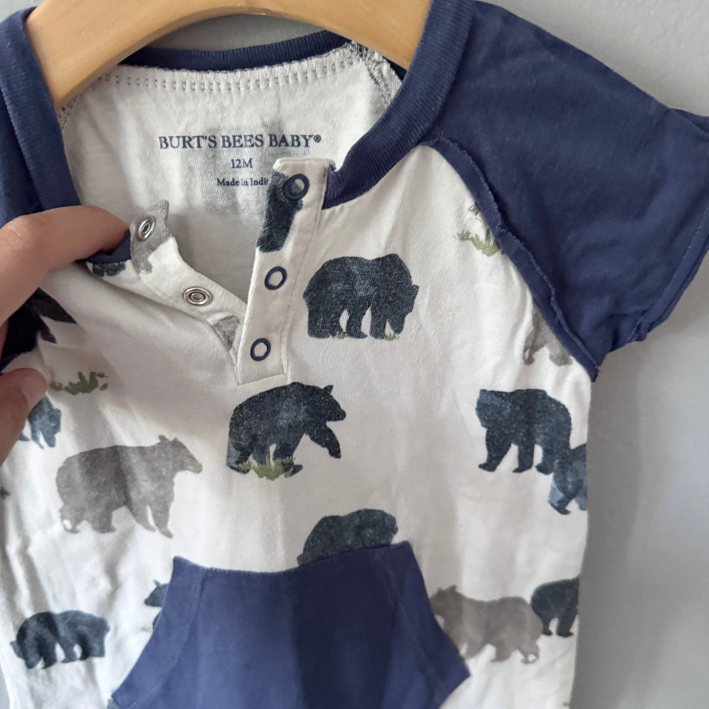 Burt's bees baby / White navy x bear short sleeve romper / 12M