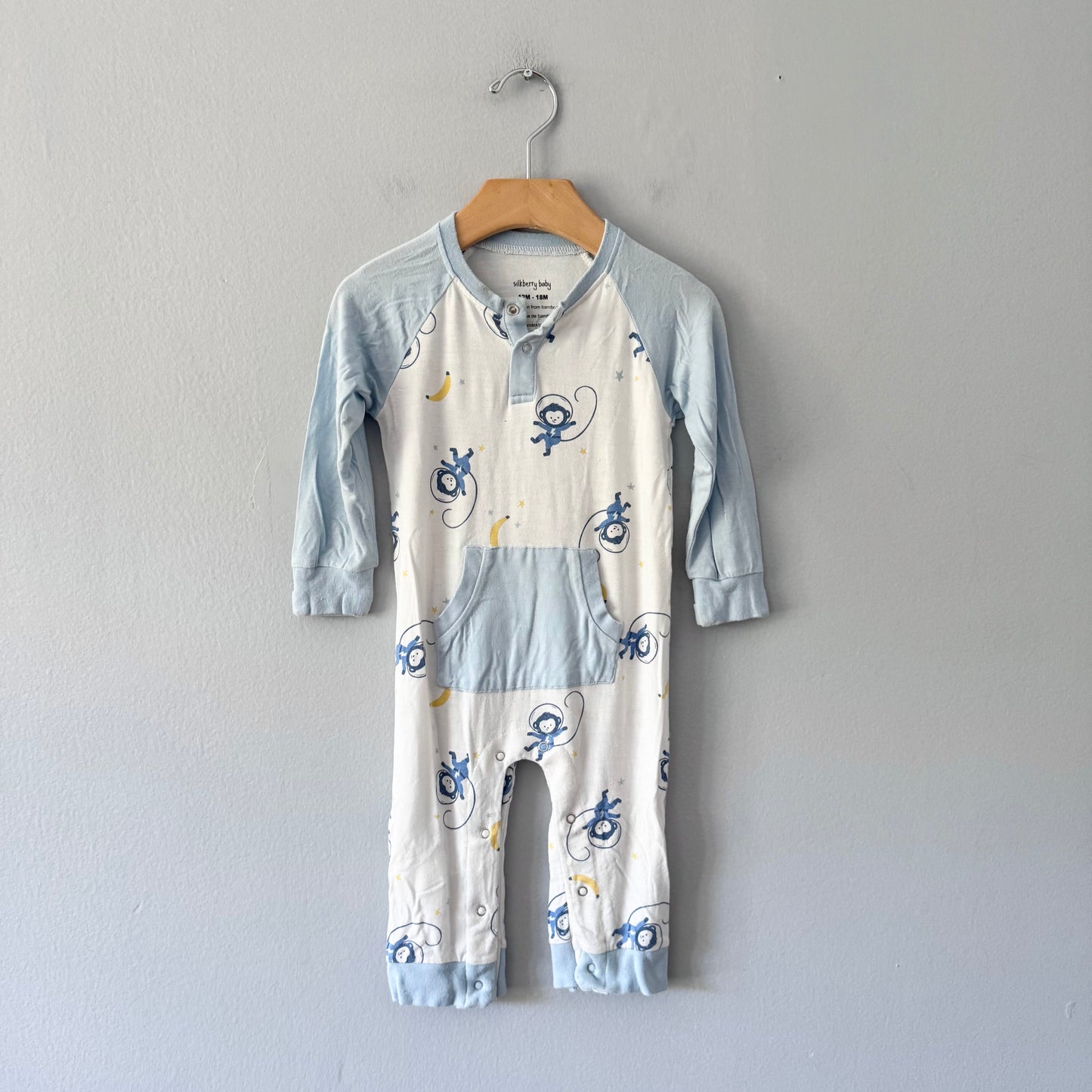 Silkberry baby / White blue monkey romper / 12-18M
