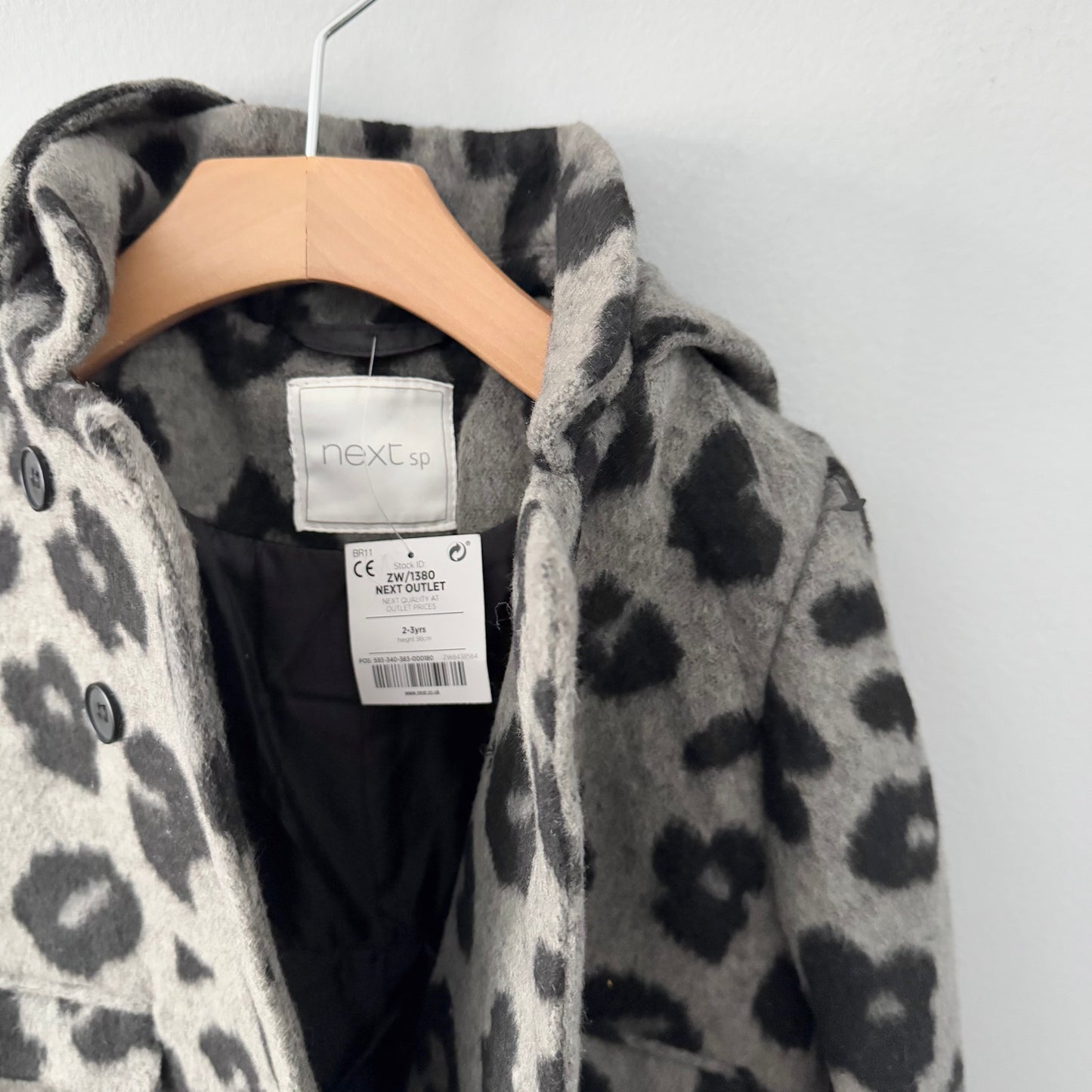 Next / Grey leopard wool mix coat / 2-3Y - New with tag