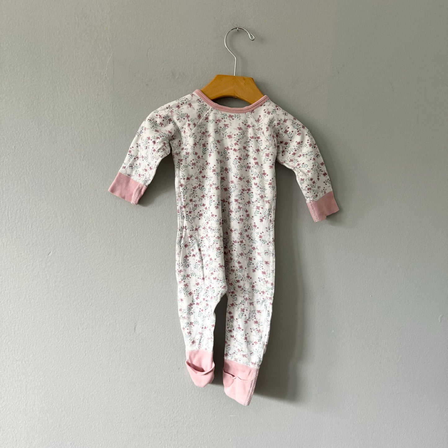 Sapling / White x pink long sleeve romper / 3-6M
