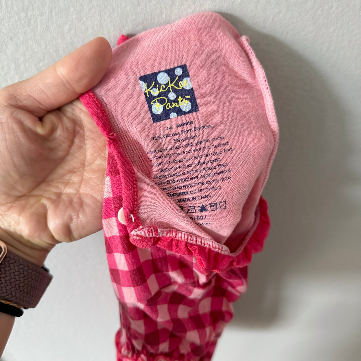 Kickee Pants / Pink gingham bubble romper / 3-6M