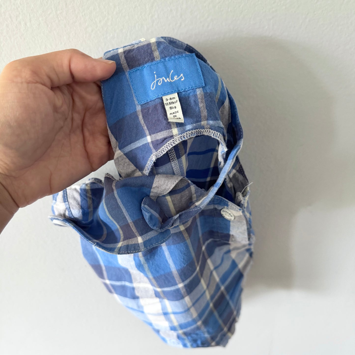 Joules / Blue check overall shorts / 3-6M