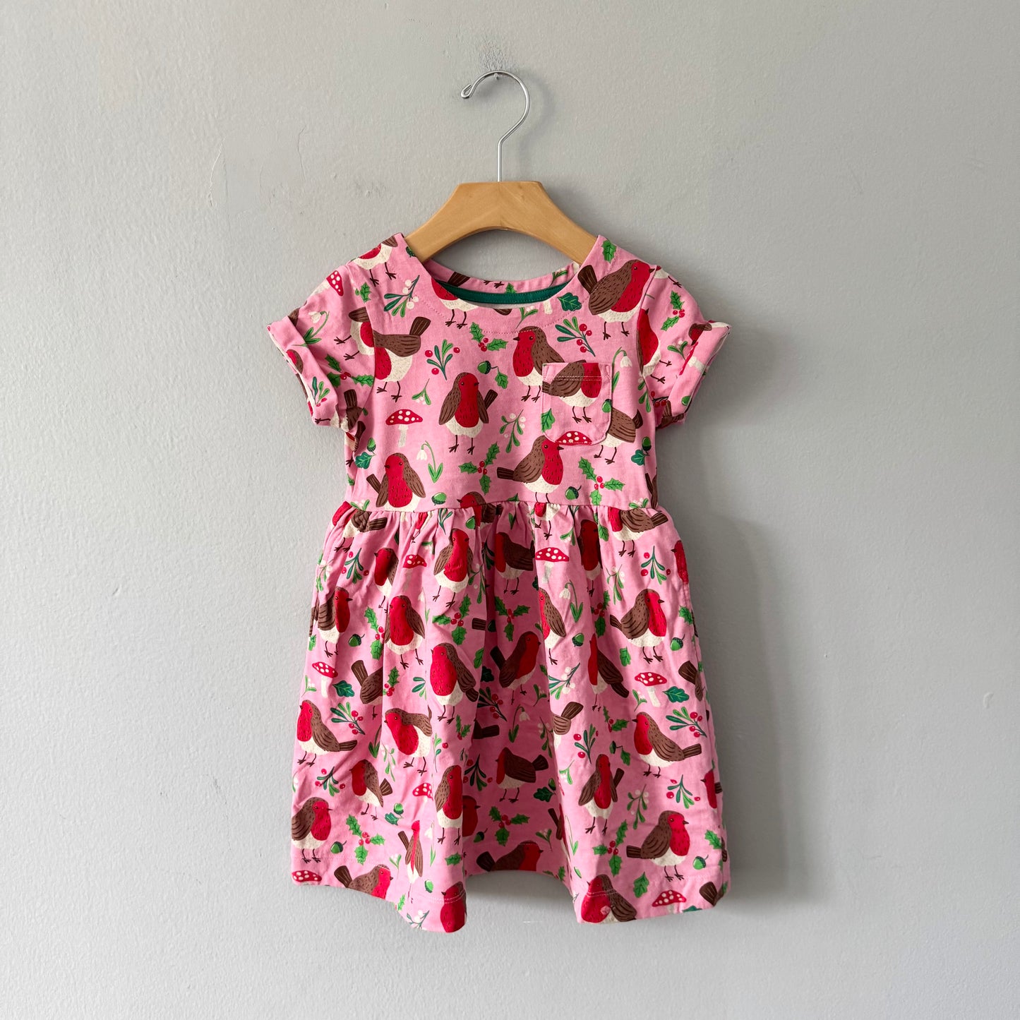 Mini Boden / Pink x bird & mushroom dress / 4-5Y