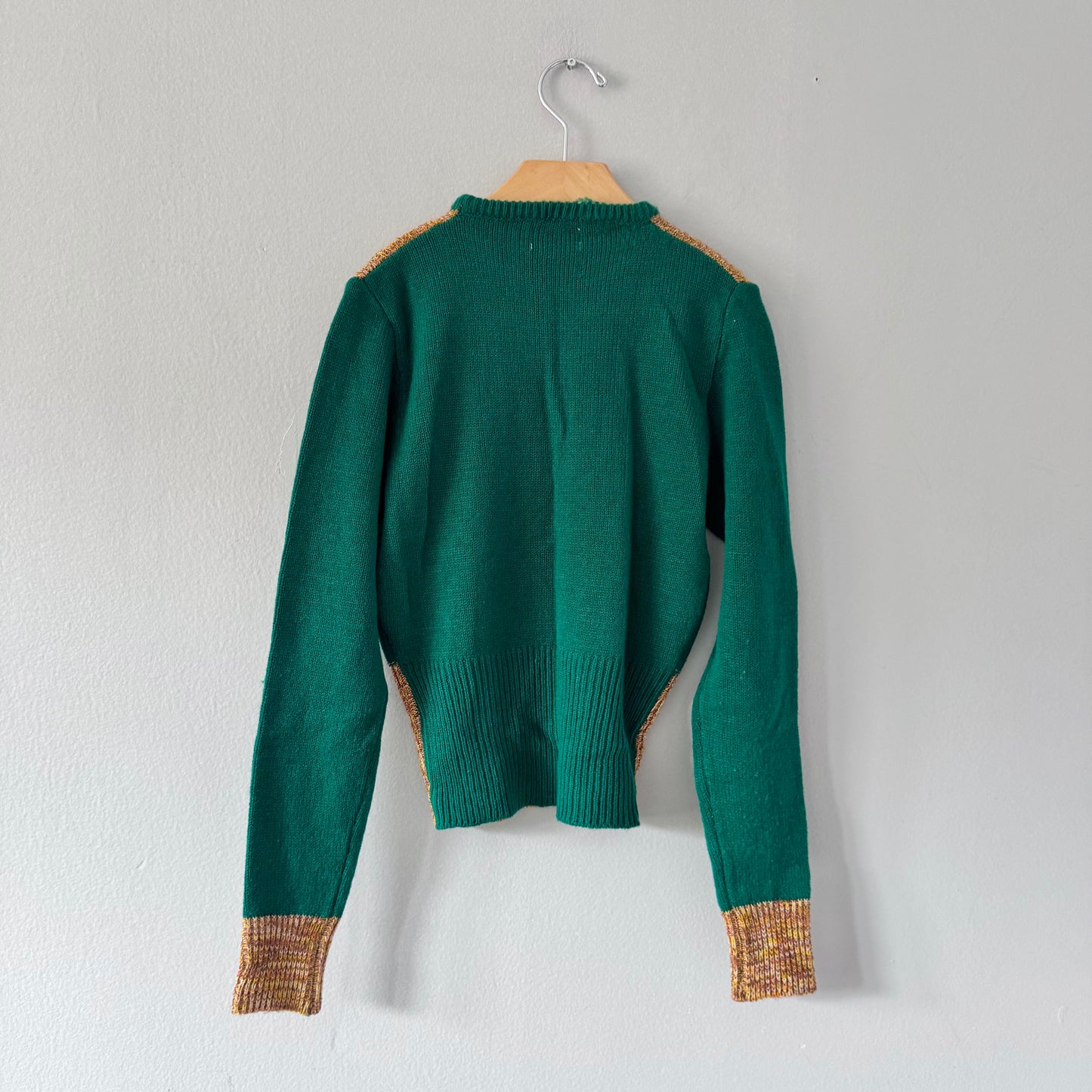 Pull en maille vintage vert et marron / 14 ans (convient aux 10-11 ans)