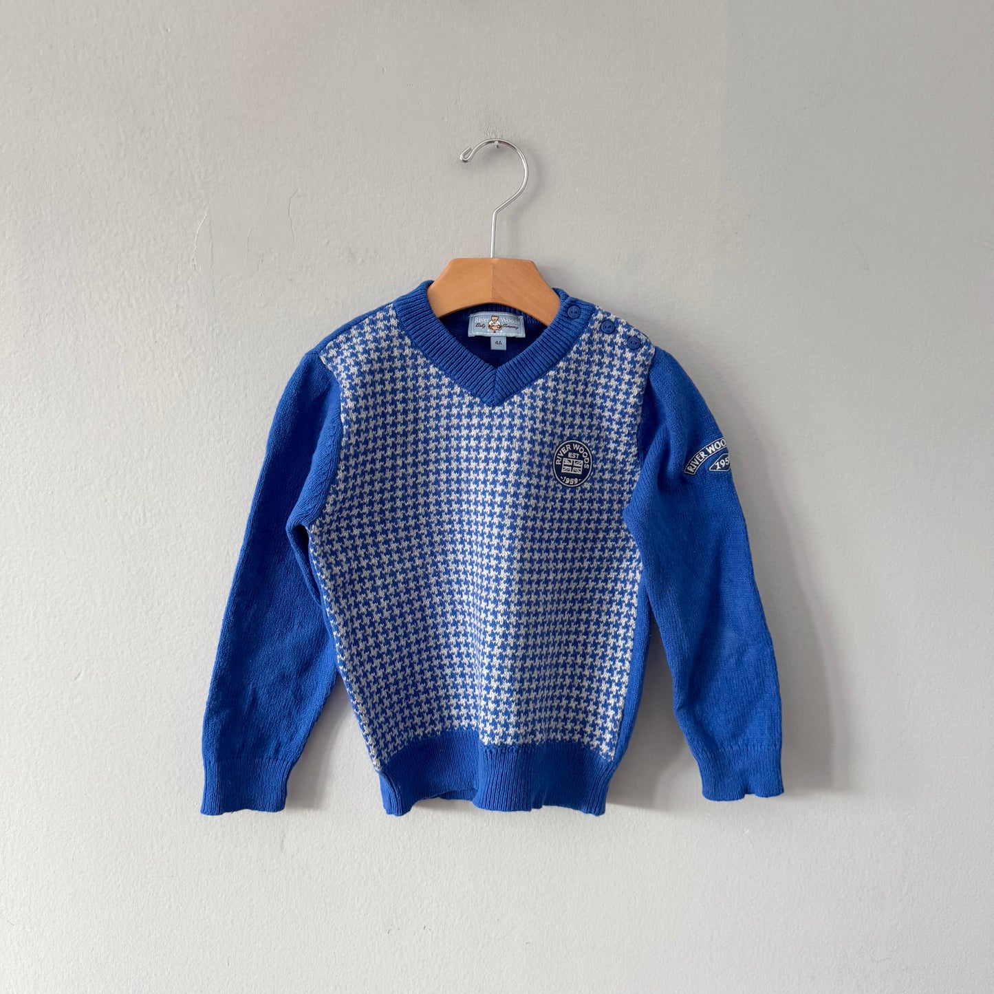 River Woods / Blue x light grey knit pullover / 4Y