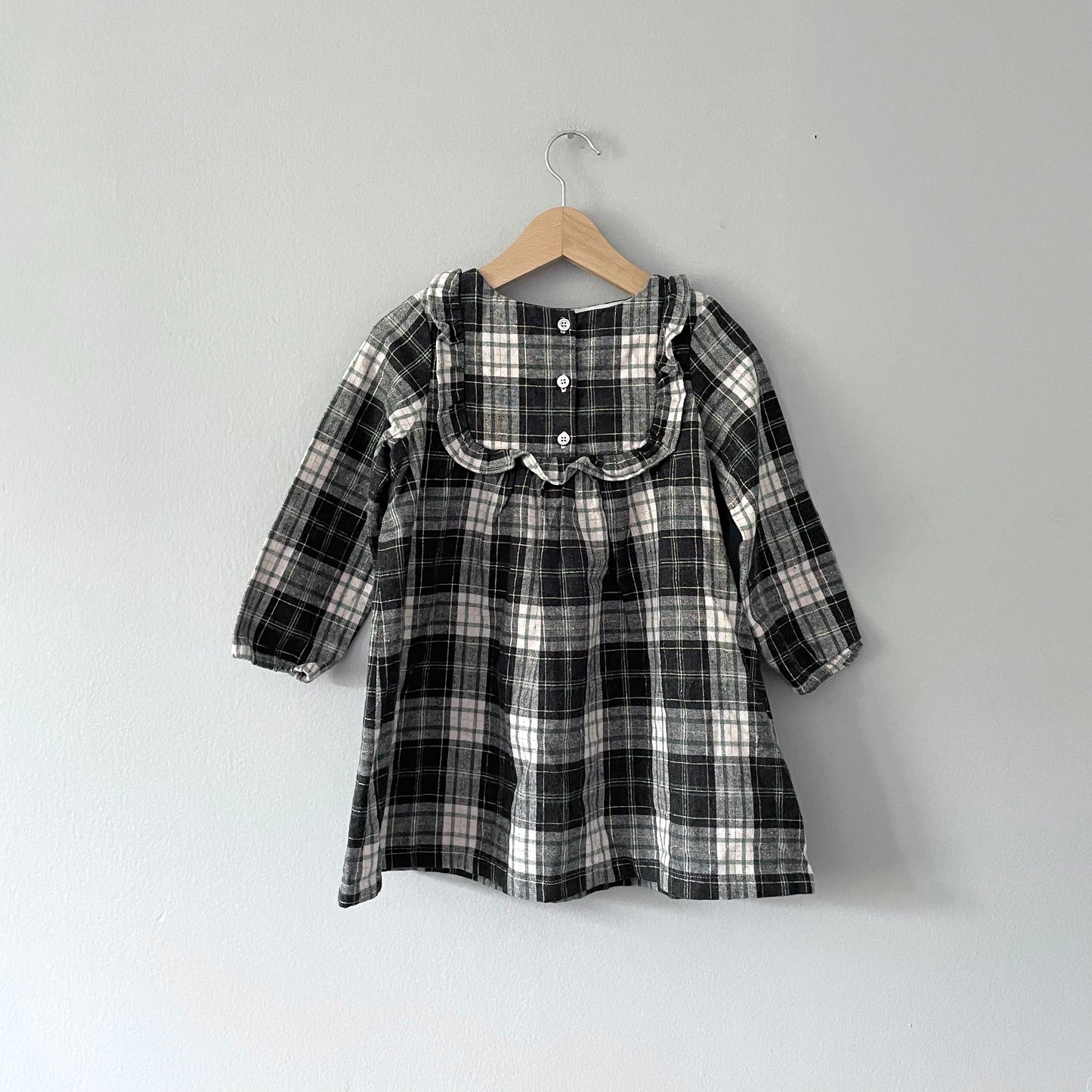 Bonton / Black x white checked ruffle dress / 3Y