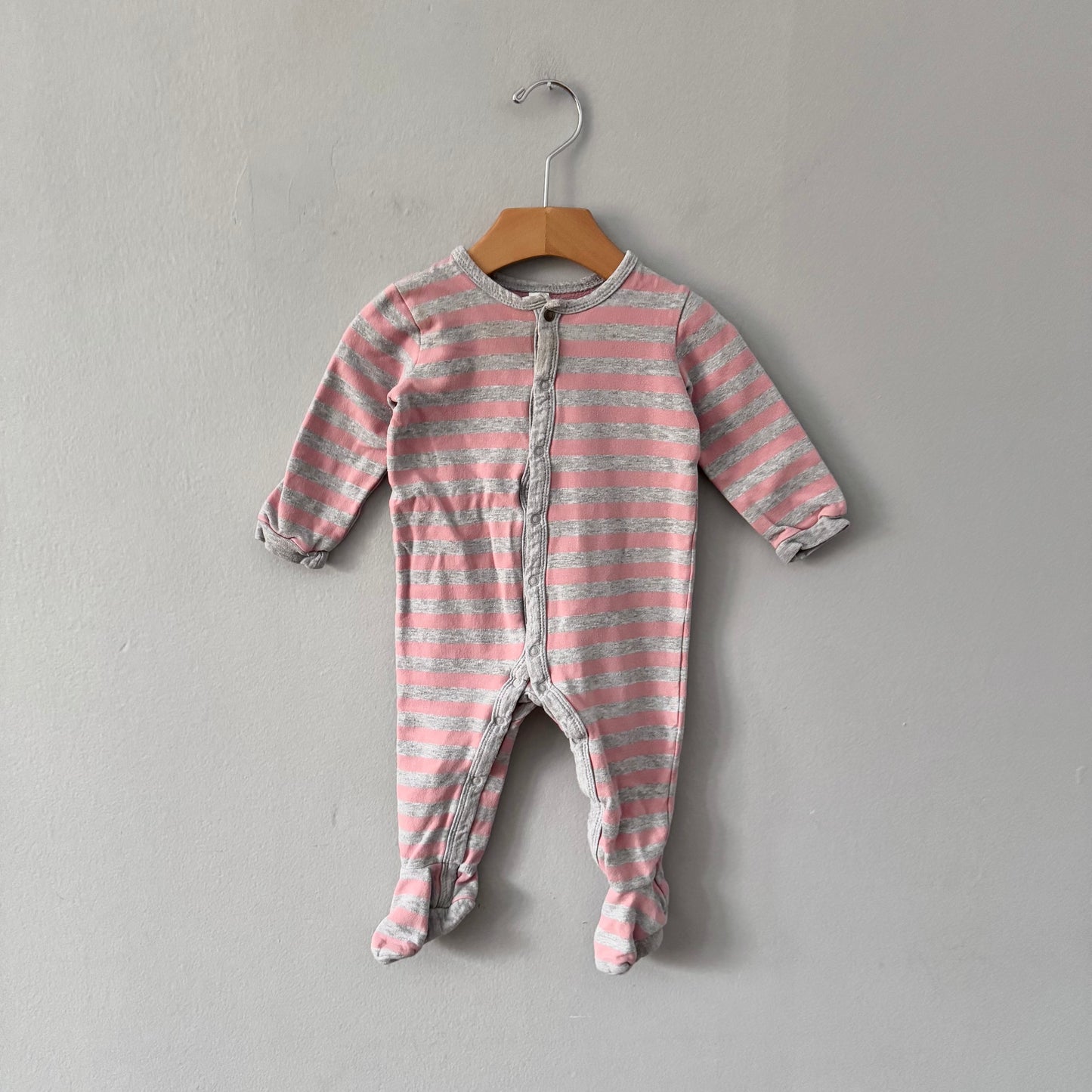 Petit lem / Pink x light grey stripe romper / 6M