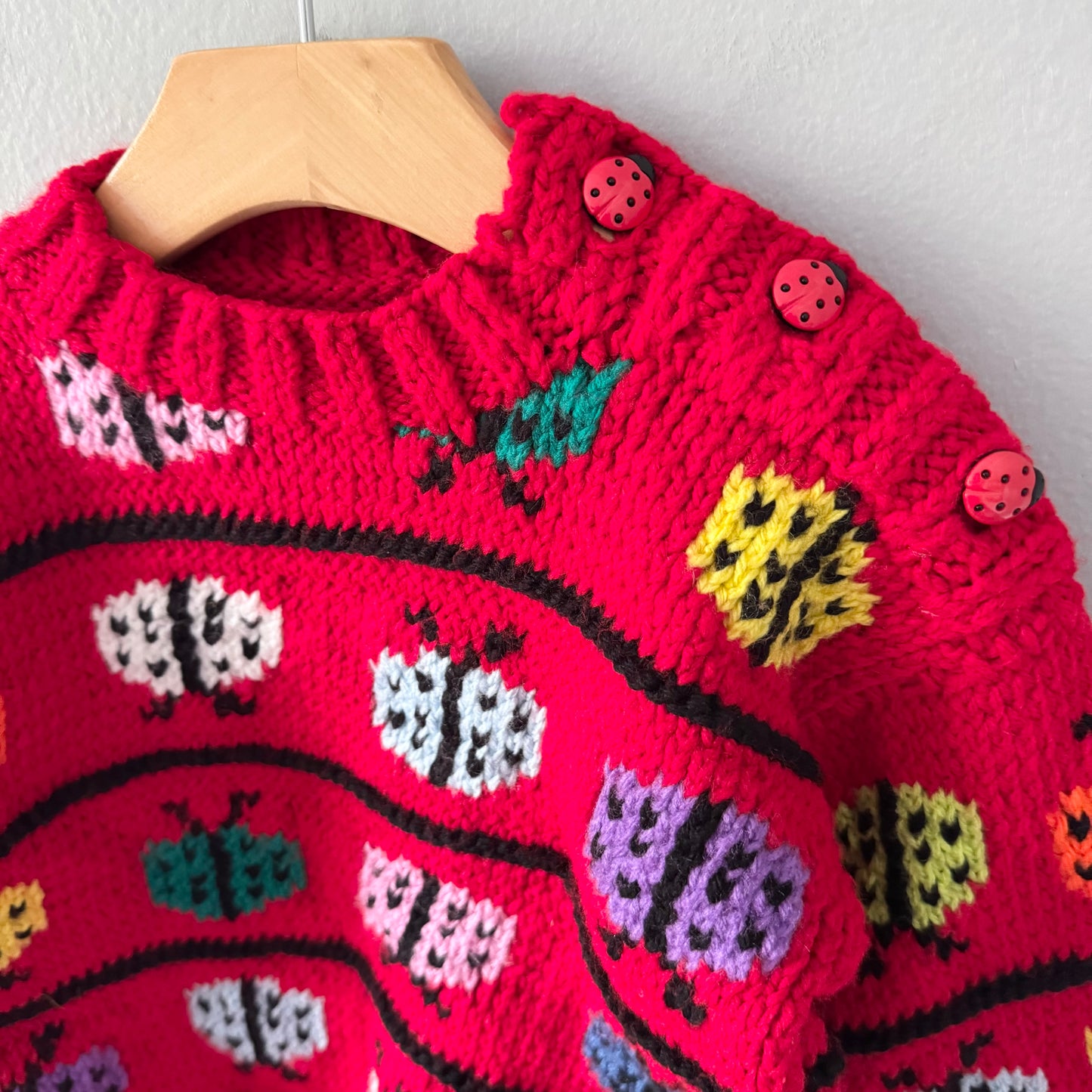 Handmade / Red ladybug knit pullover / 3-4T