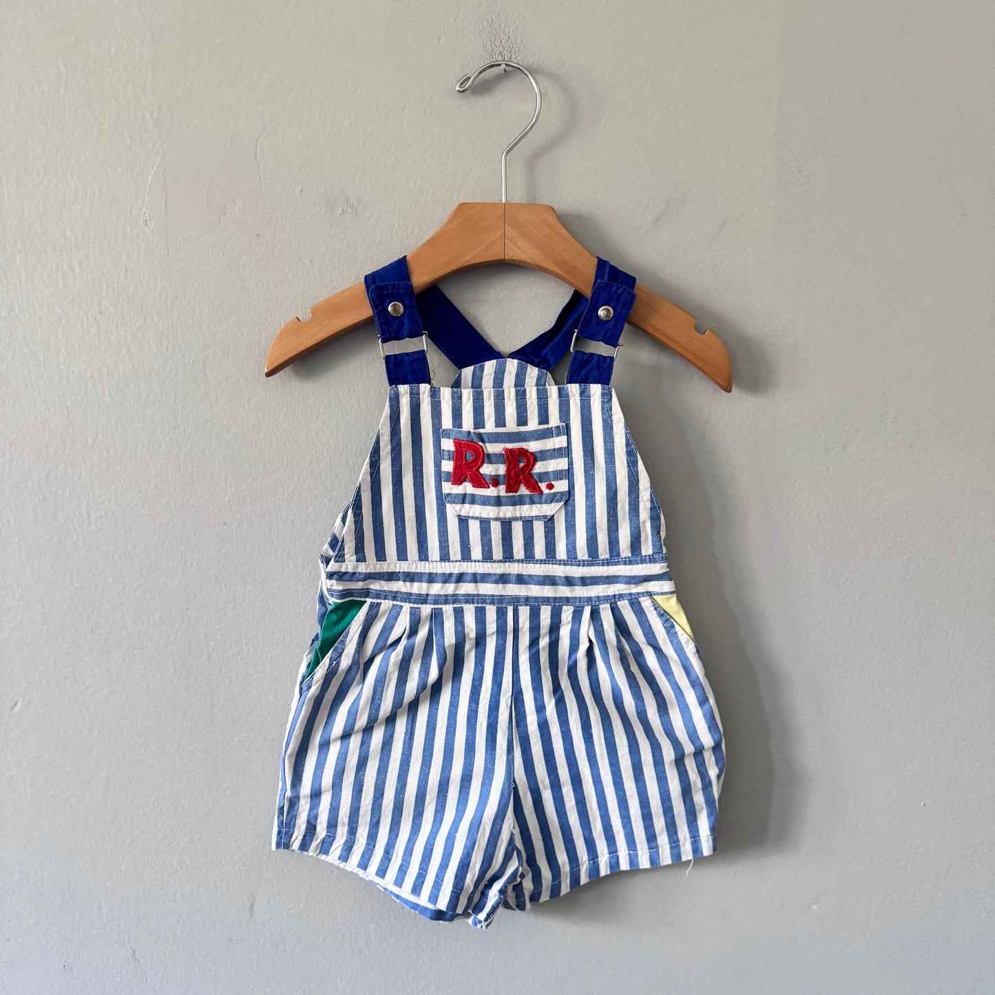 Vintage / White blue stripe overall shorts / 6M