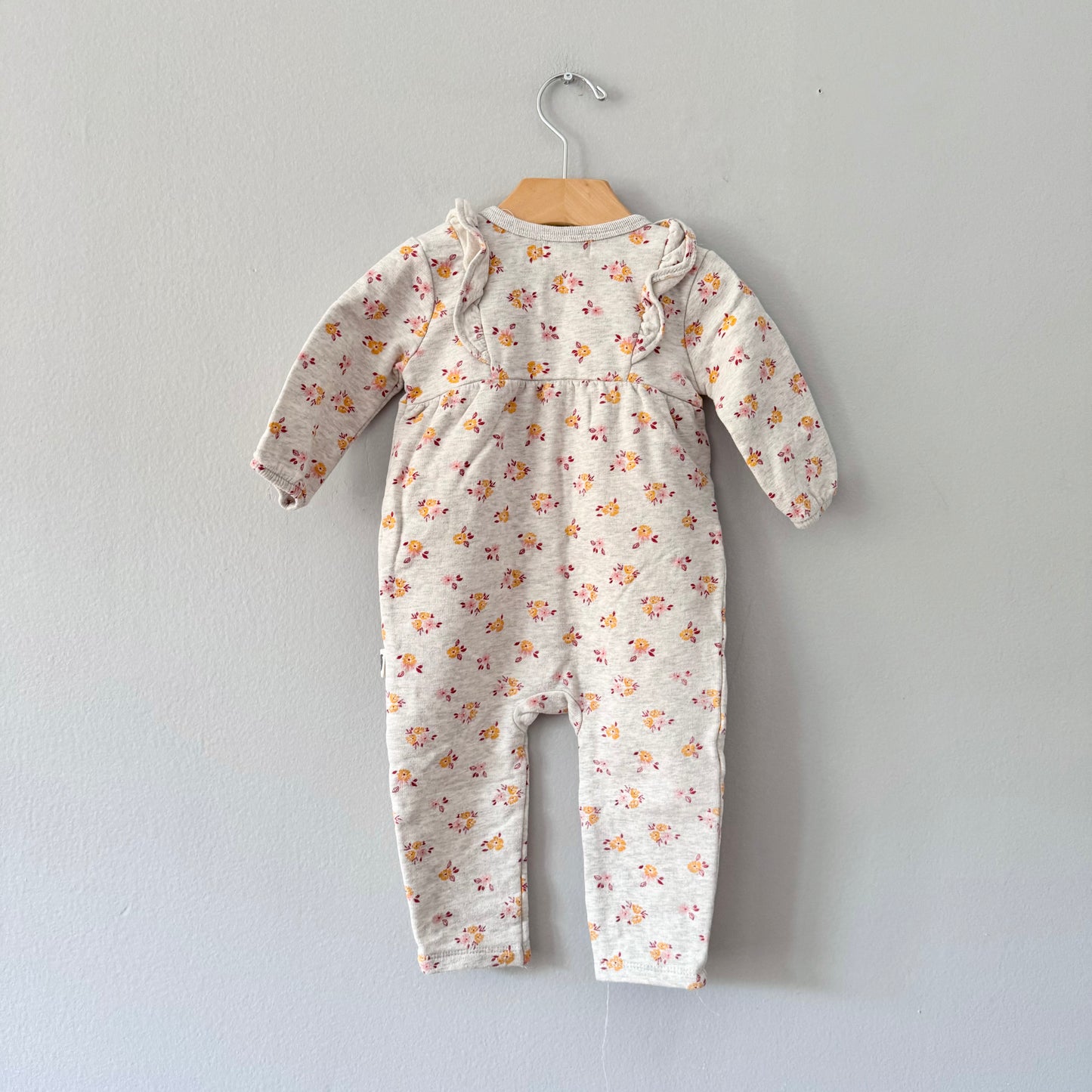 Rabbit + Bear / Light grey x floral crew romper / 6-9M