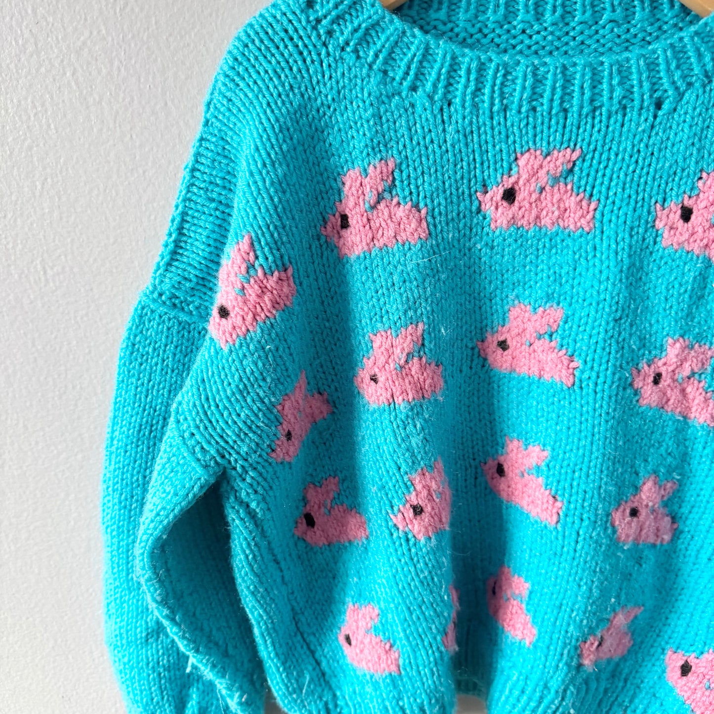 Handmade / Blue x rabbits knit pullover / 7Y