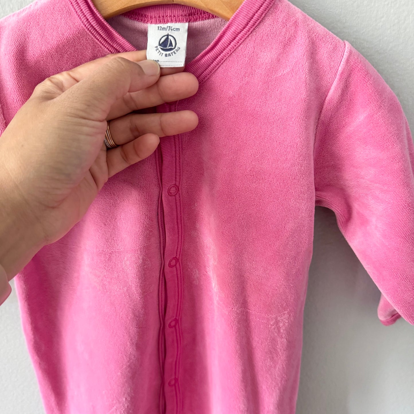 Petit Bateau / Pink velour long sleeve romper / 12M