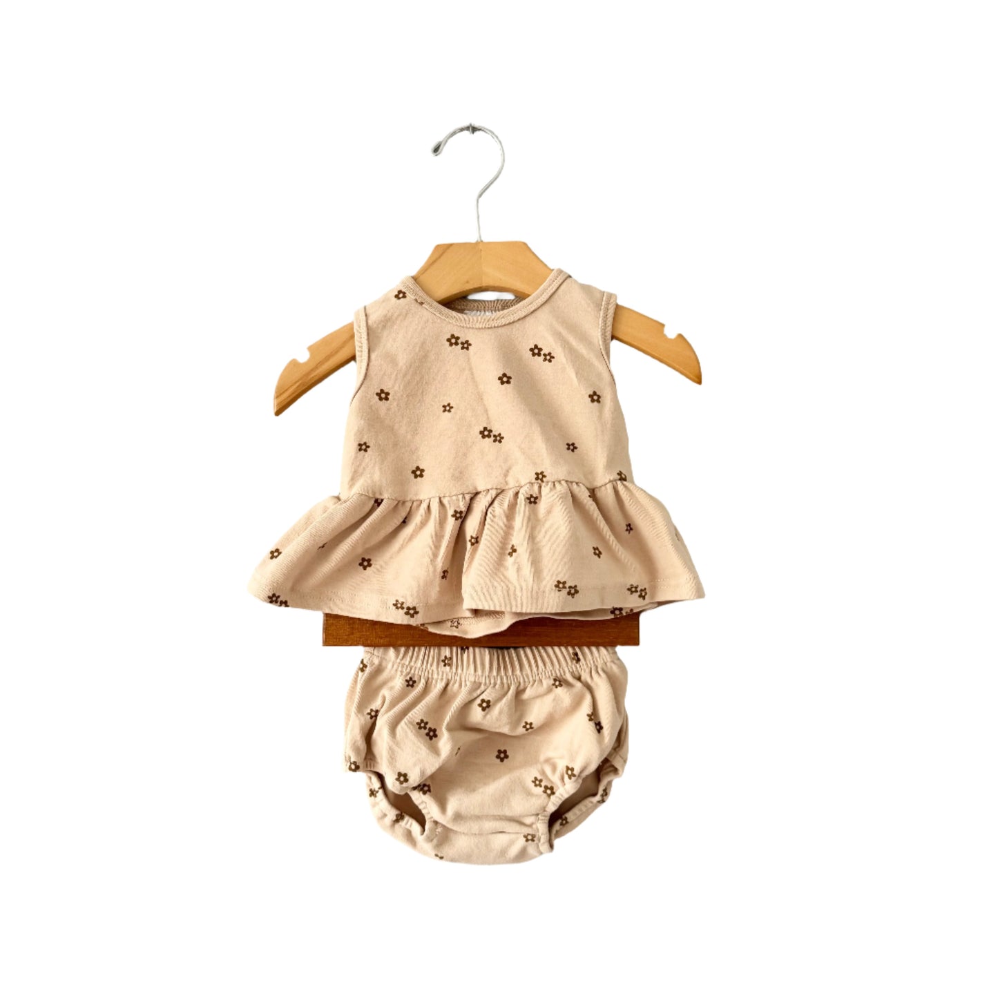 Mebie baby / Beige x flower tank dress & bloomer set / 0-3M