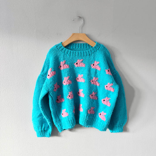Handmade / Blue x rabbits knit pullover / 7Y