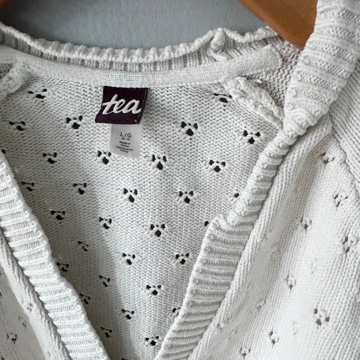 Tea / White cotton knit cardigan / 8-10Y