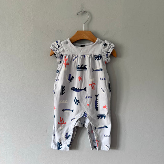 Tea / Light blue x sea pattern tank romper / 6-9M