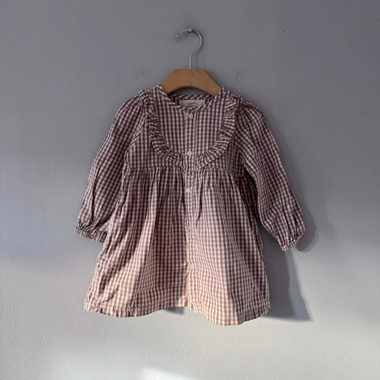 Pehr / Brown gingham long sleeve dress / 18-24M