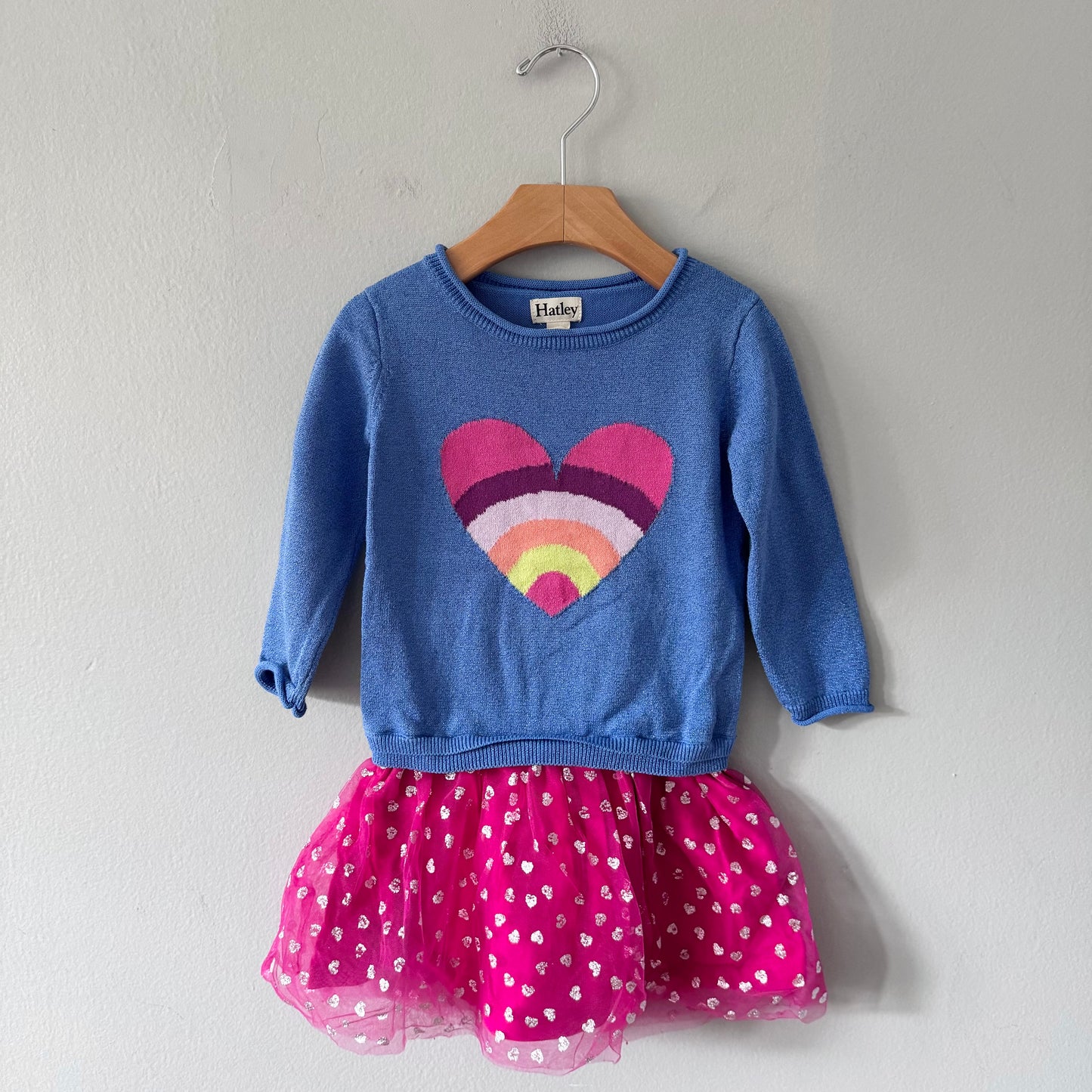 Hatley / Blue x heart knit dress / 4Y