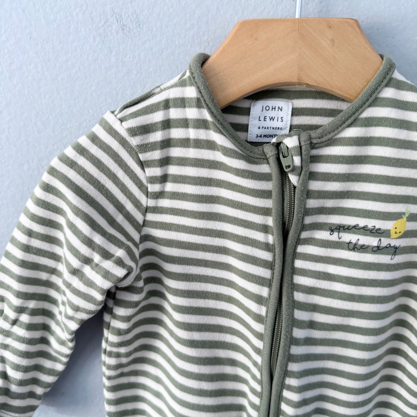 John Lewis / Olive stripe romper / 3-6M
