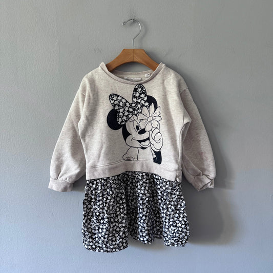 Gap x Disney / Minnie x black white flower crew dress / 4Y