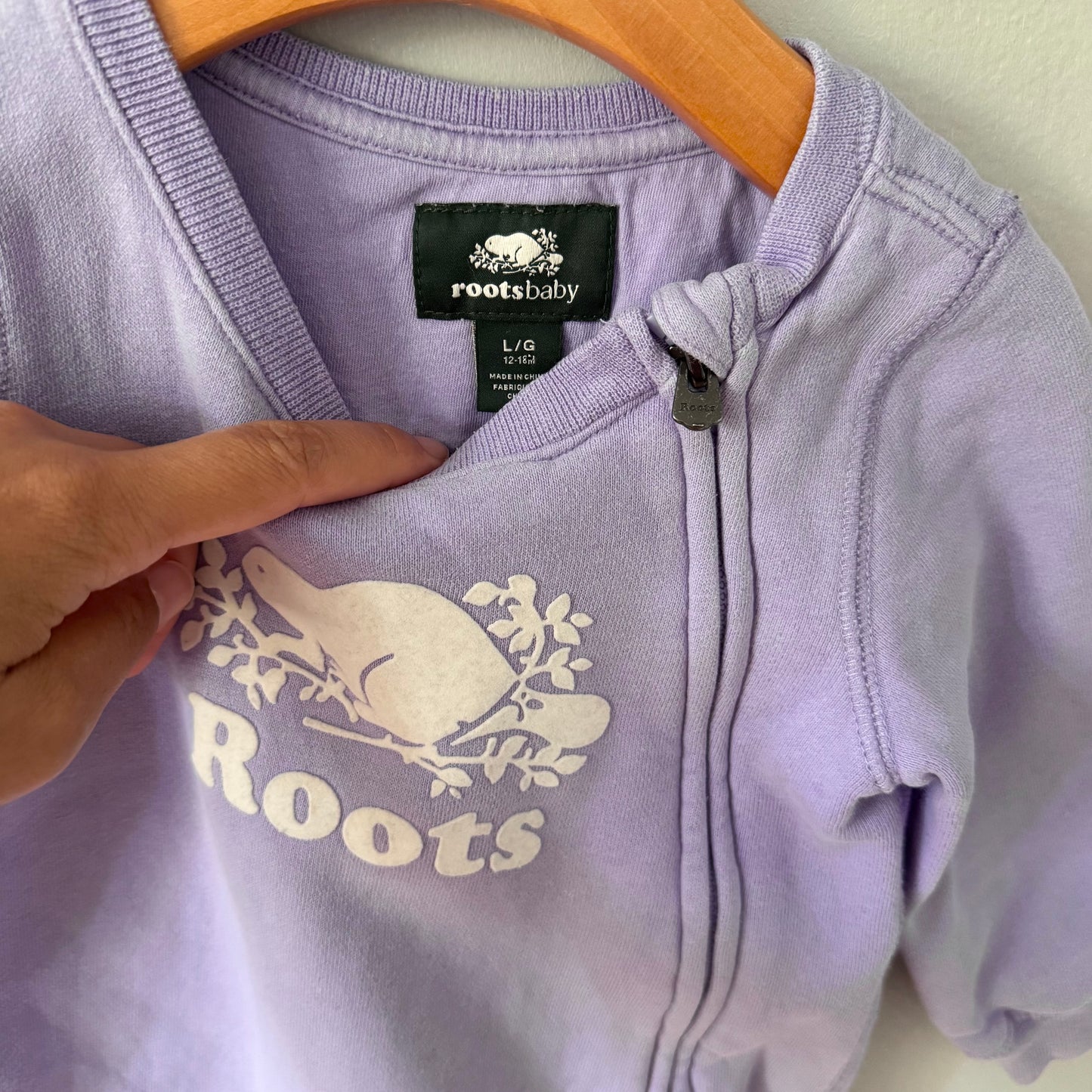 Roots / Light purple crew romper / 12-18M - 2 Available