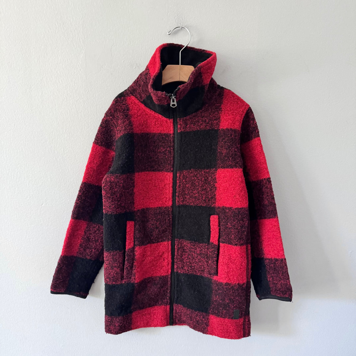 Roots / Red black plaid fleece long coat / 5-6Y