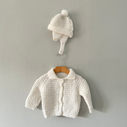 Handmade / White knit jacket + beanie set / 3M