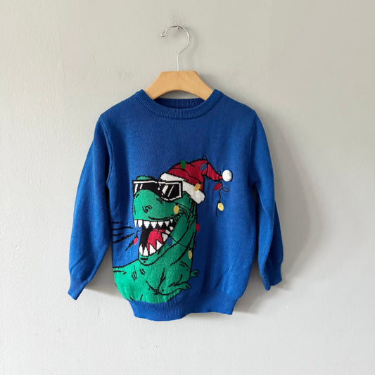 Primark / Blue santa hat dinosaur knit pullover / 3-4Y
