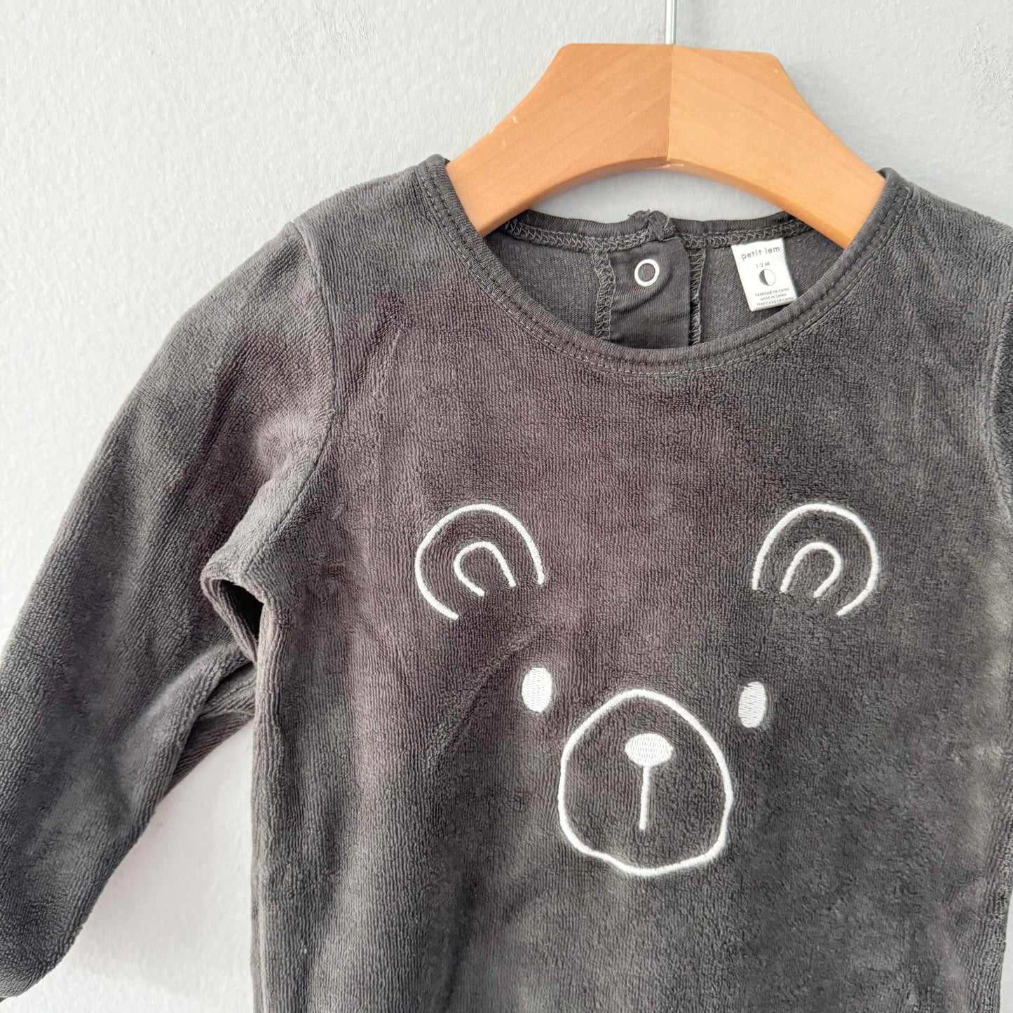 Petit Lem / Velour bear long sleeve romper / 12M