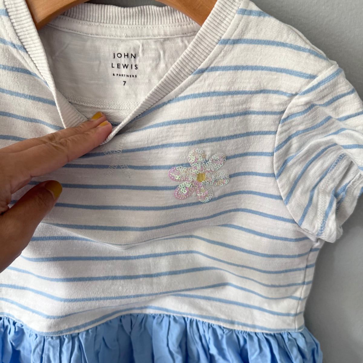 John Lewis / White x light blue dress / 7Y