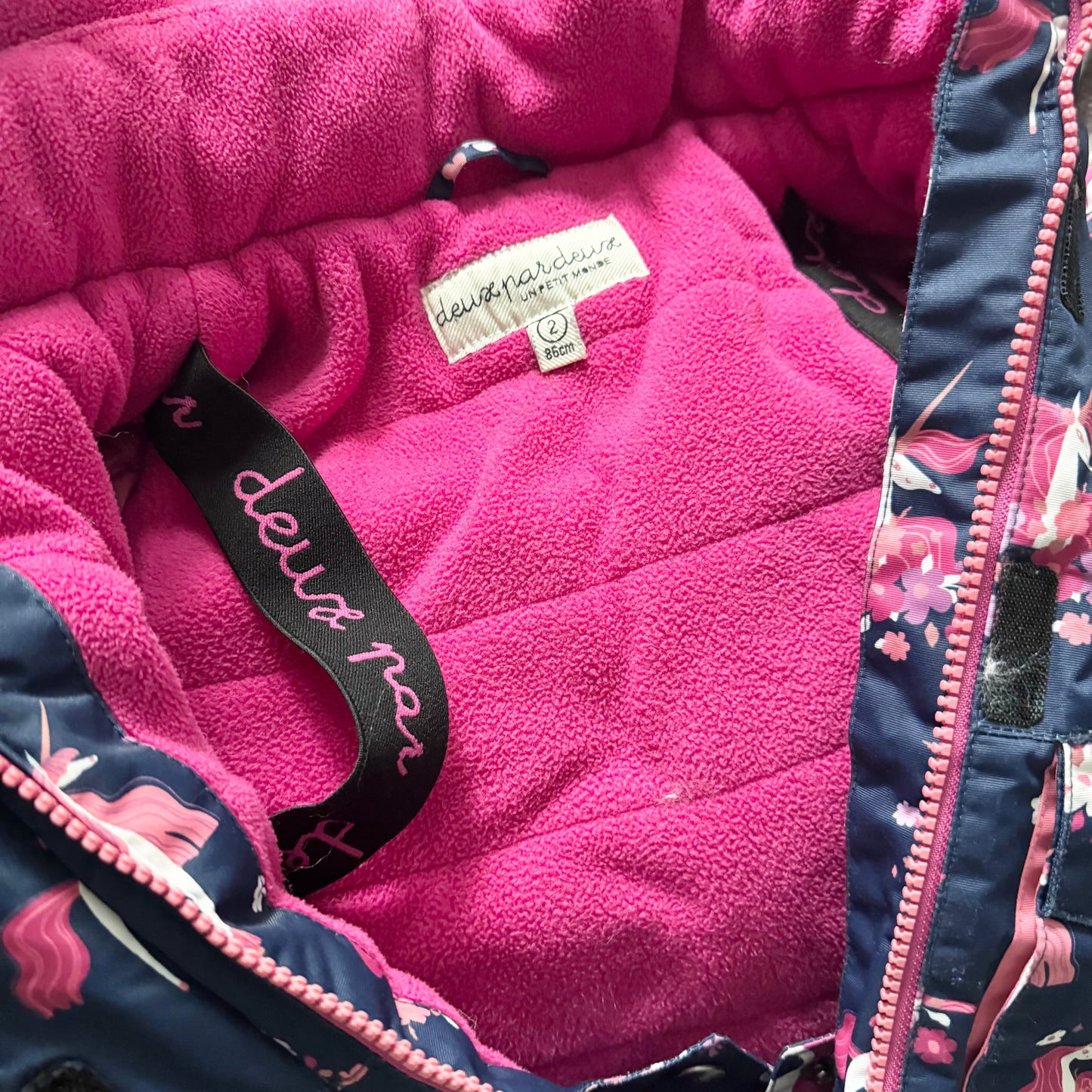 Deux par Deux / Navy x pink unicorn winter jacket / 2Y