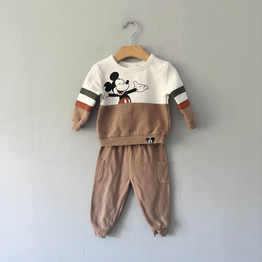 Disney Baby / White x brown Mickey crew set / 9M